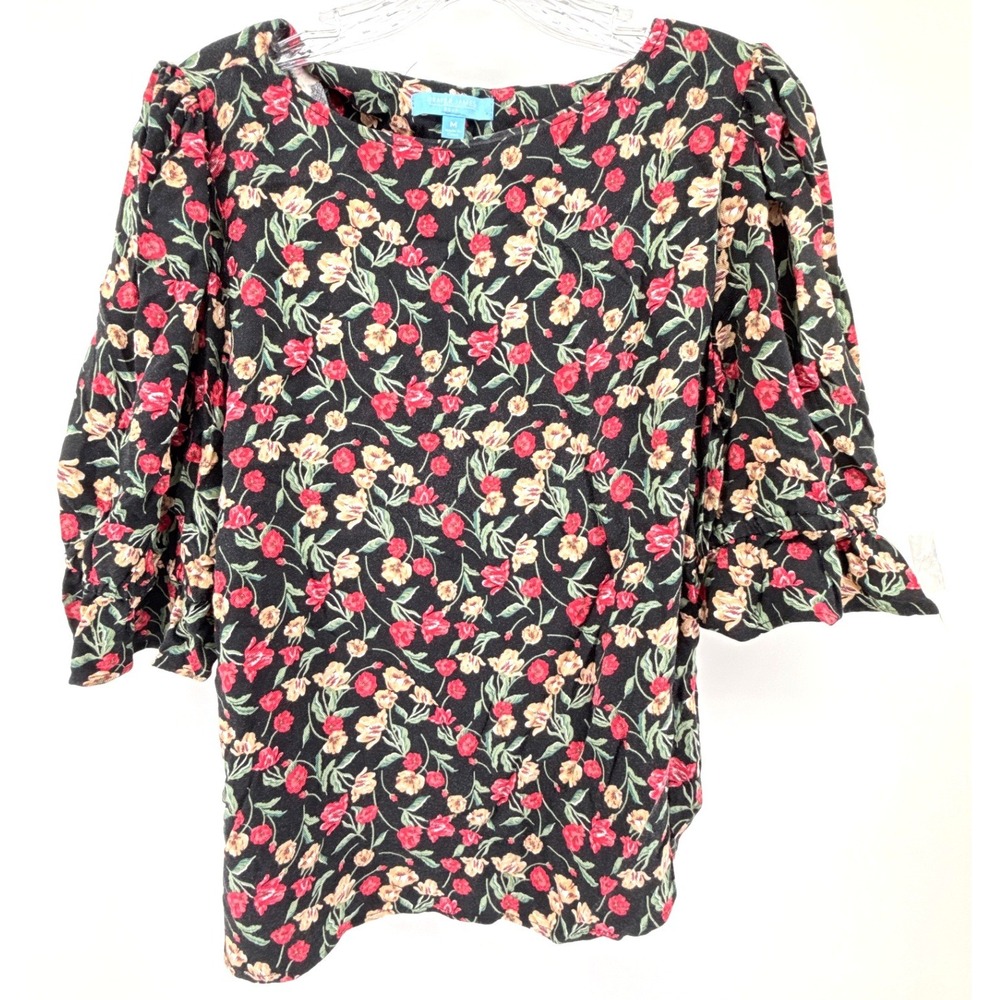 Draper James RSVP Floral Puff Sleeve Blouse Black Red Yellow Rayon Top Size M
